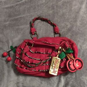 Pre-owned Betsey Johnson "Cherry Poppin" Red Denim Ruffle Satchel Purse
